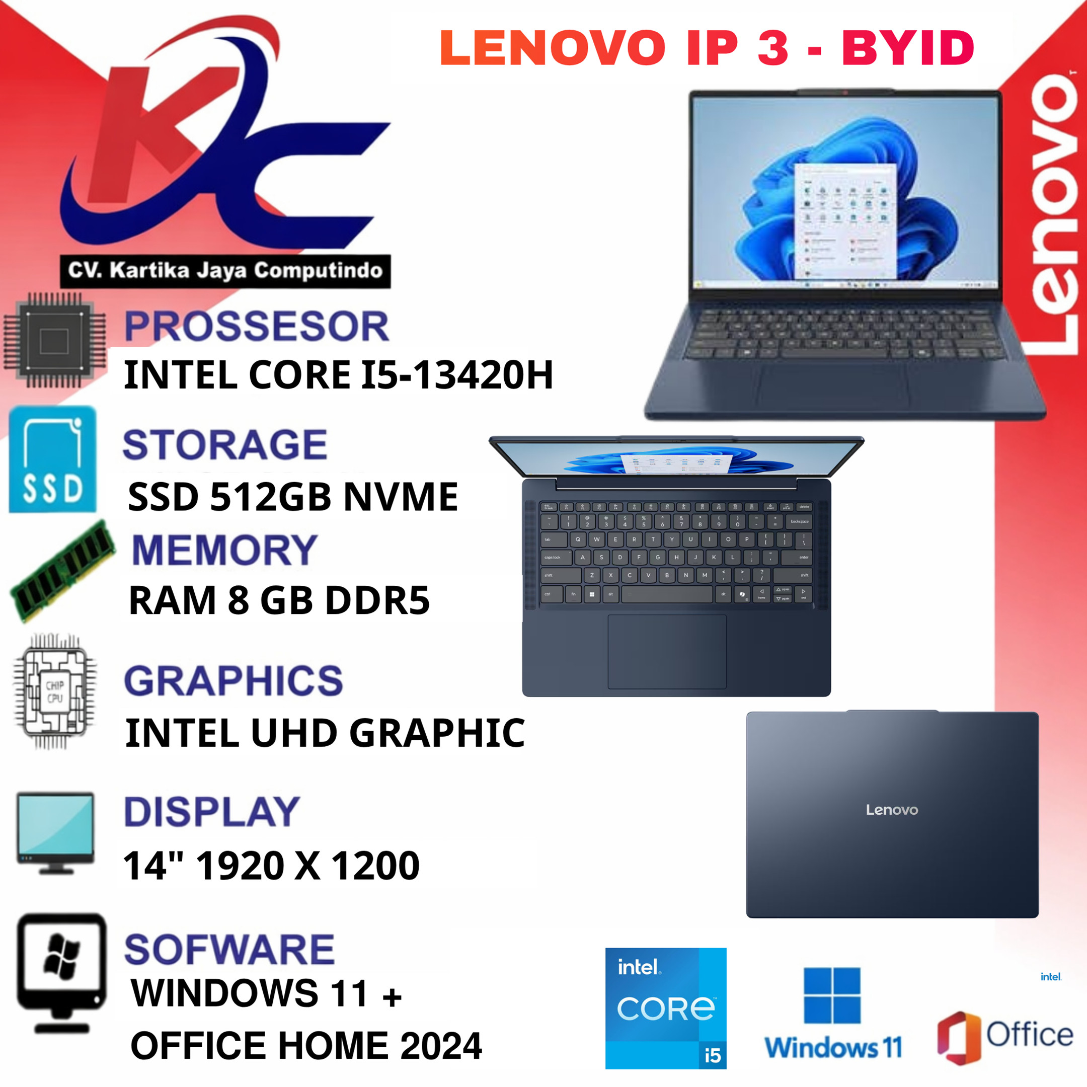 LENOVO IP 3 - BYID  I5-13420H/ 8GB/ SSD 512GB/ W11 OHS COSMIC BLUE